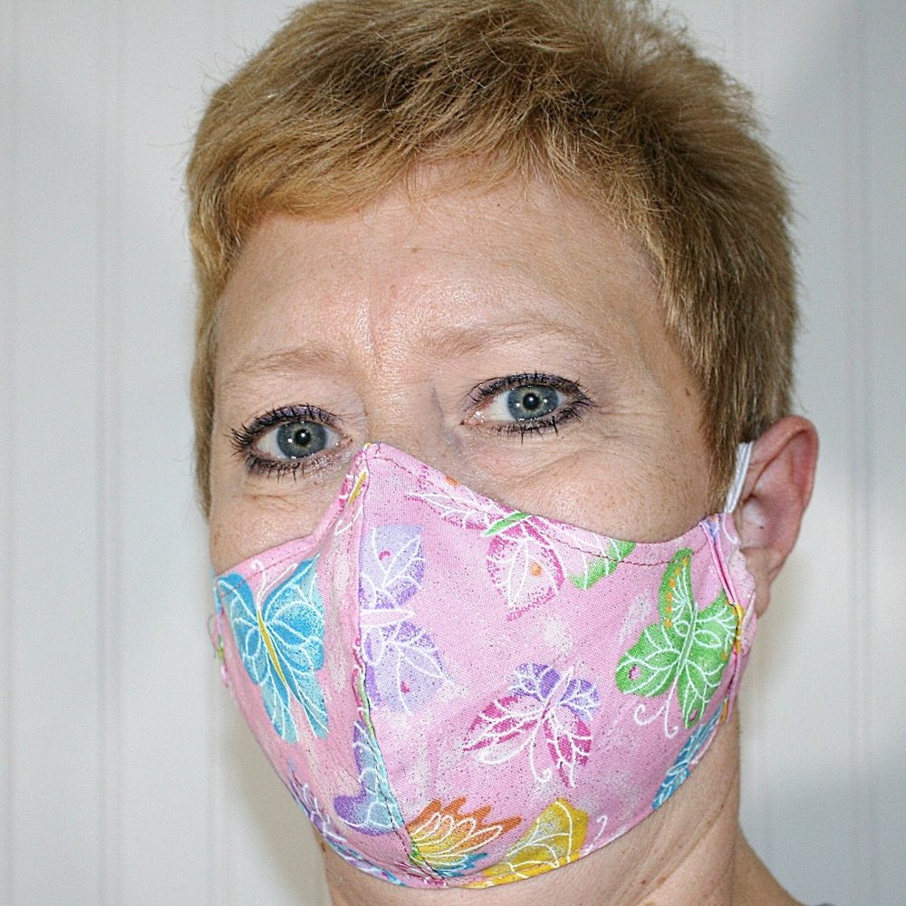 HAND CRAFTED Face Mask Pink Butterflies Adult Cloth Fabric Print - Shield Style